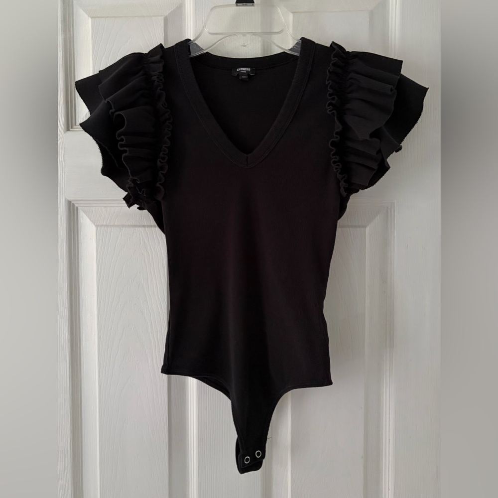 Express Black Ruffle Sleeve V-Neck Bodysuit